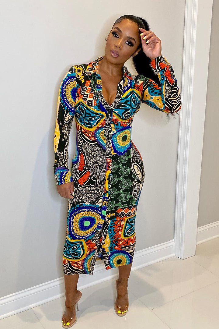 V Neck All Over Boho Print Long Sleeve Maxi Dress