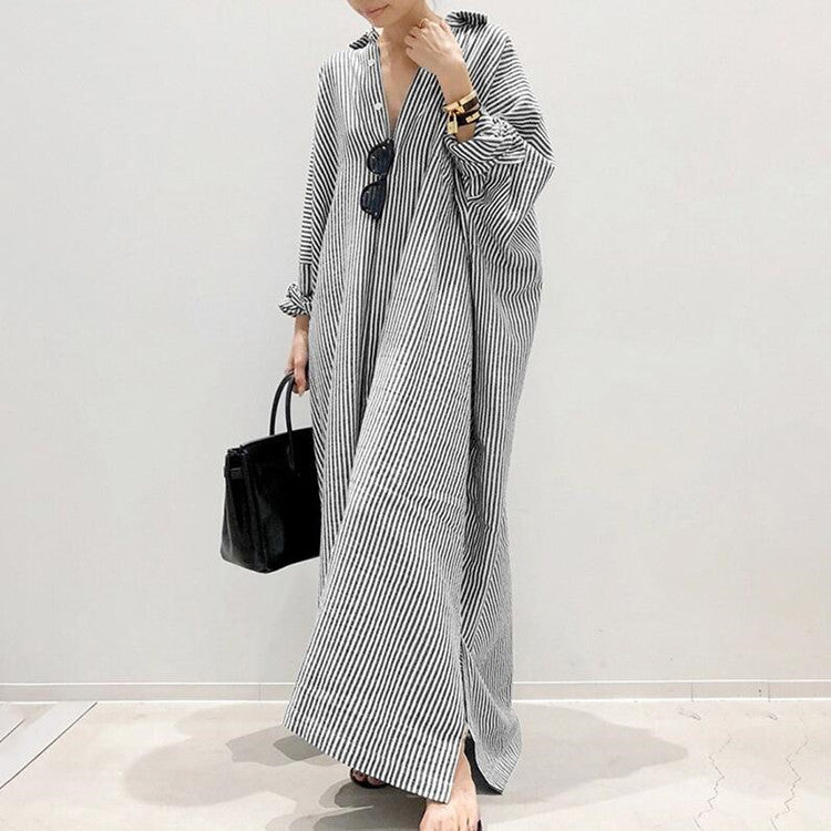 Women's Striped Button Print Shift Maxi Long Dress