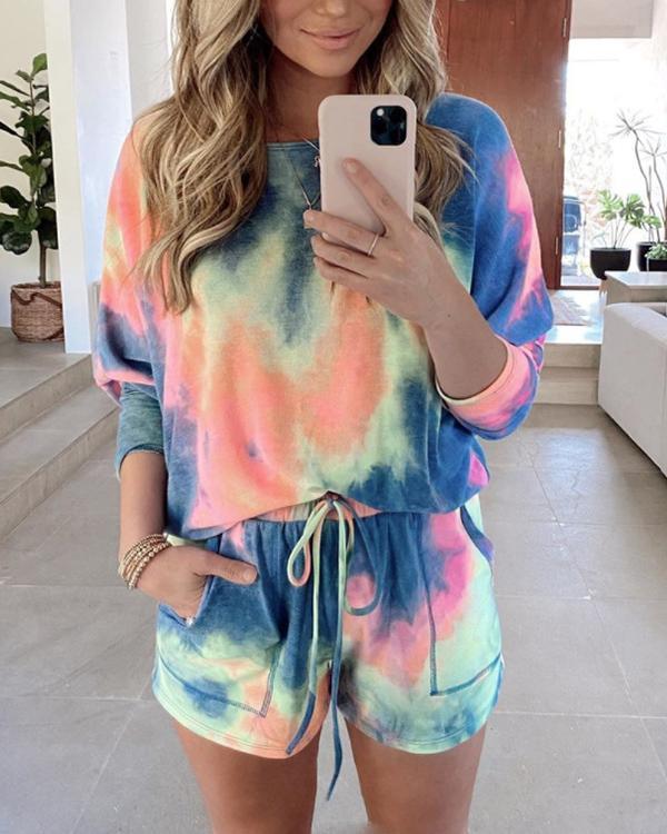 Tie Dye Long Sleeve Top And High Waist Shorts Women Loungewear