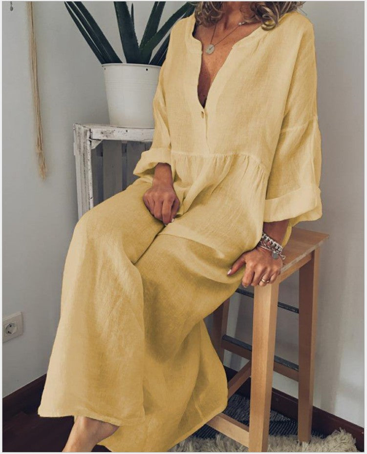 Women's Solid V Neck Casual Loose Shift Dress